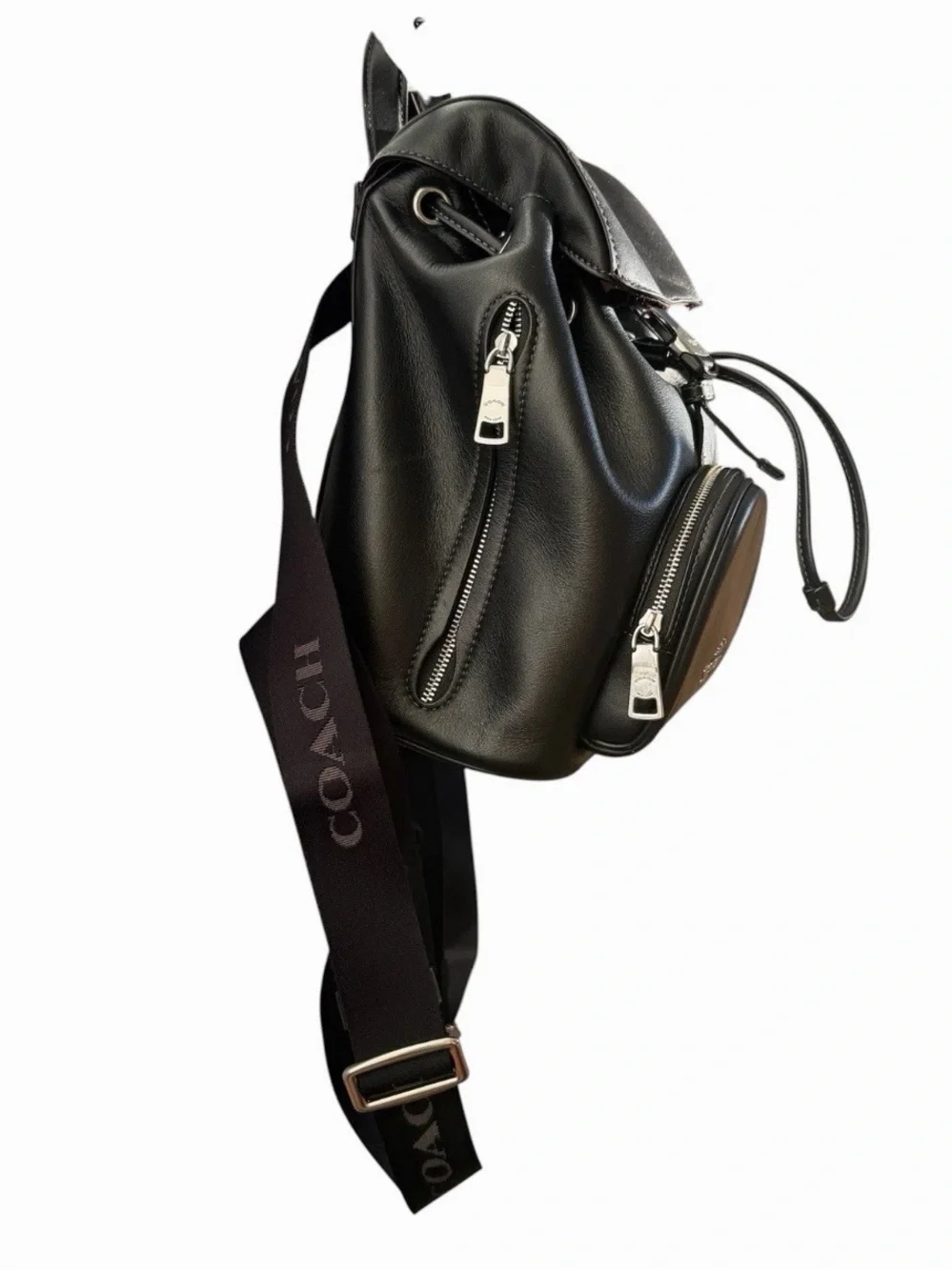 Coach Black Leather Drawstring Backpack with Front Zip Compartment